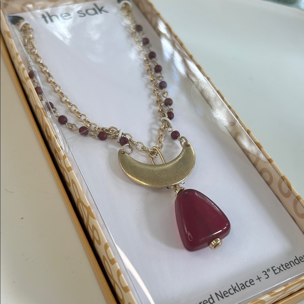 The Sak Gold Tone and Burgundy Beaded Layered Necklace NWT - Picture 2 of 3